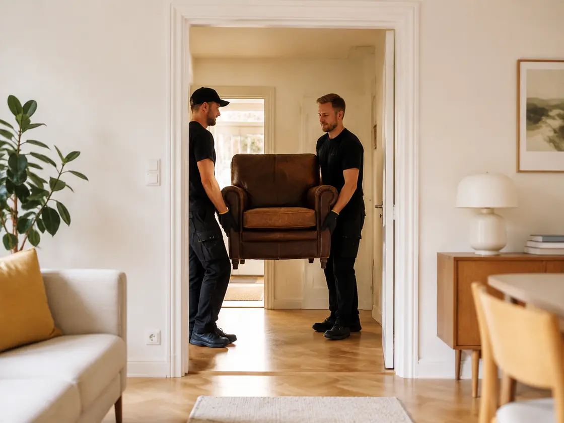 Två personer bär ut en äldre fåtölj från en lägenhet